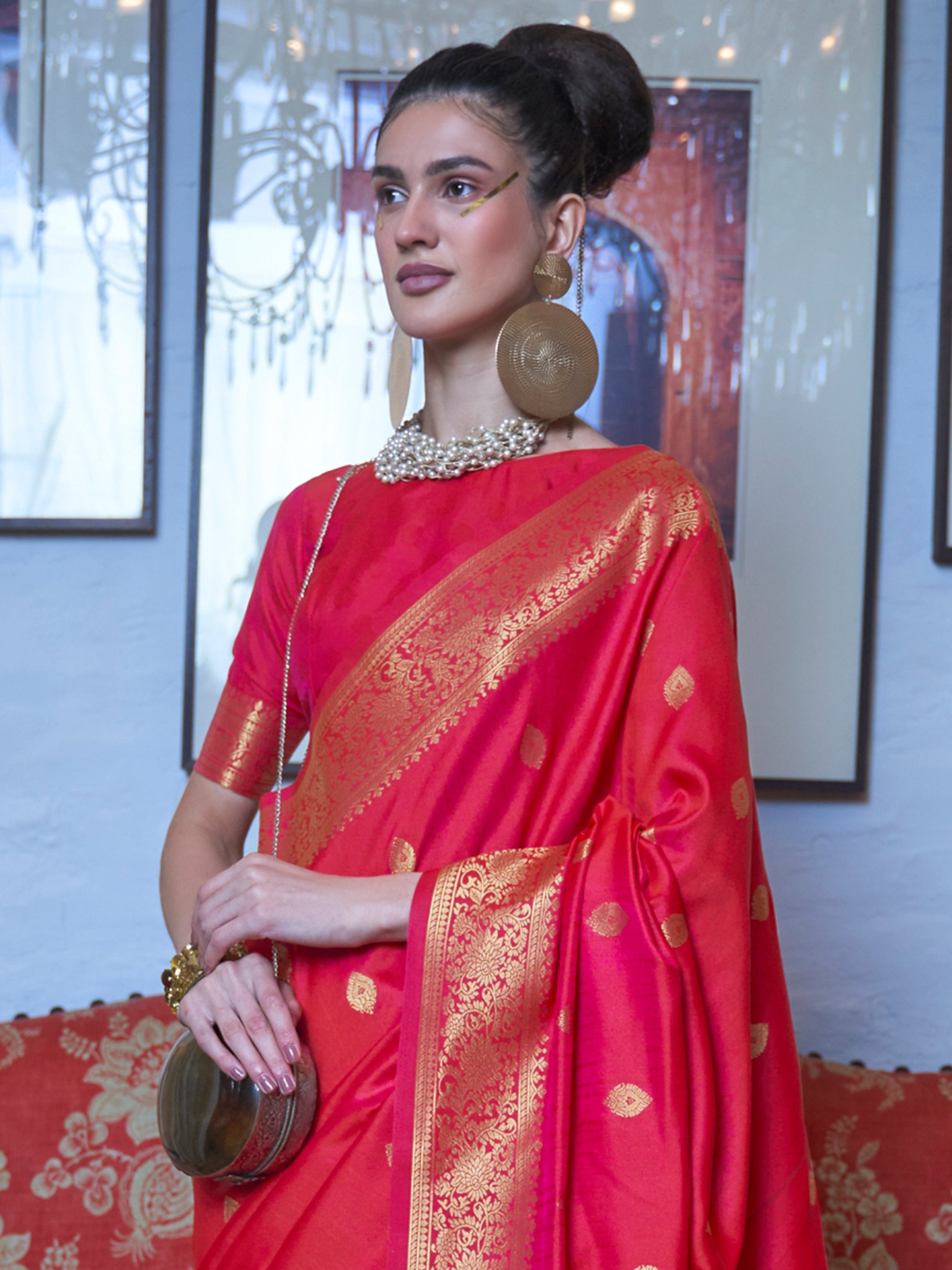 Beautiful Coral Red Zari Weaving Silk Event Wear Saree With Blouse