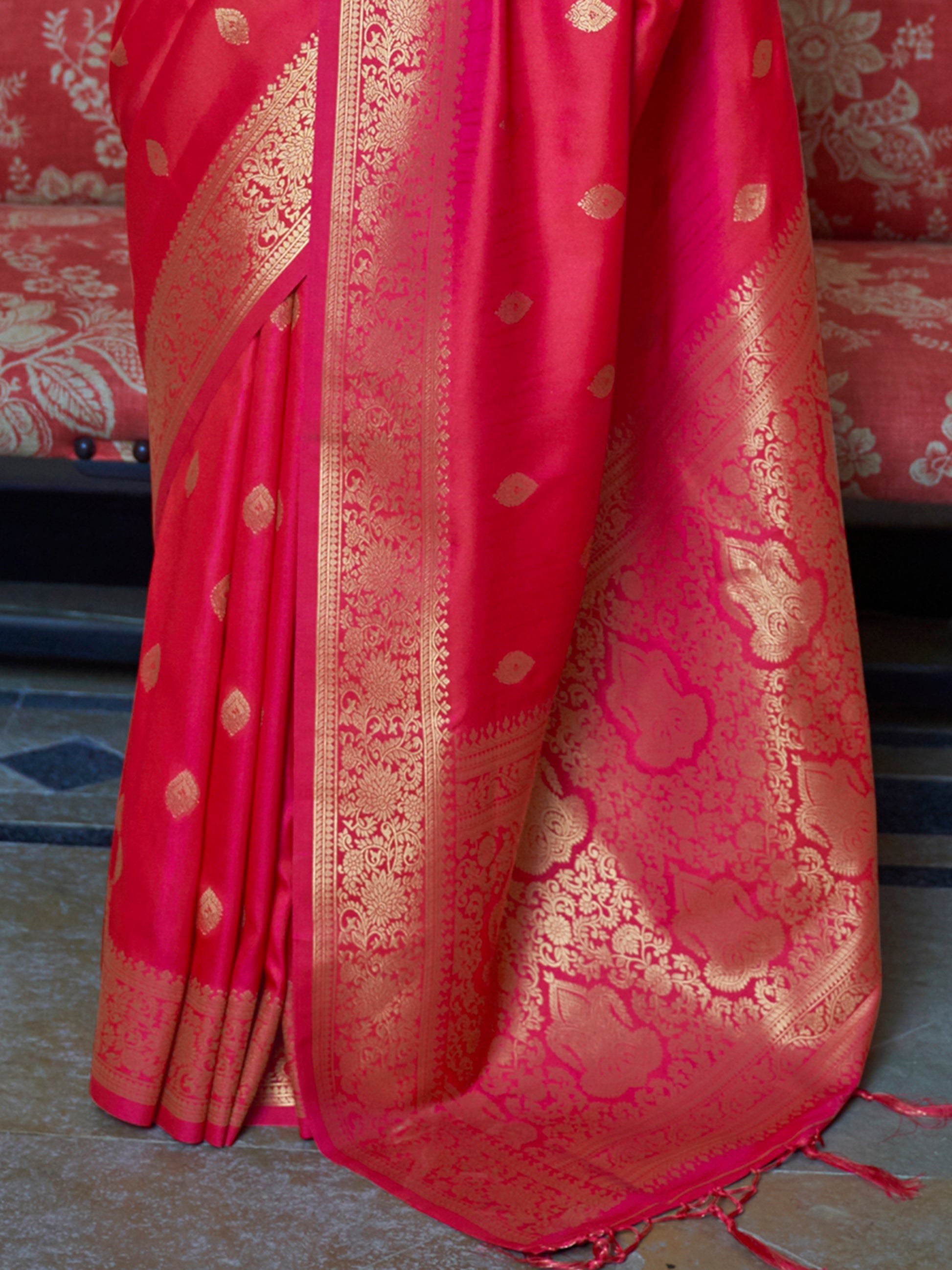 Beautiful Coral Red Zari Weaving Silk Event Wear Saree With Blouse