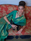 Attractive Teal Green Zari Weaving Silk Festival Wear Saree With Blouse