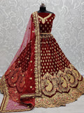 Dazzling Maroon Thread Embroidered Silk Bridal Lehenga Choli With Dupatta