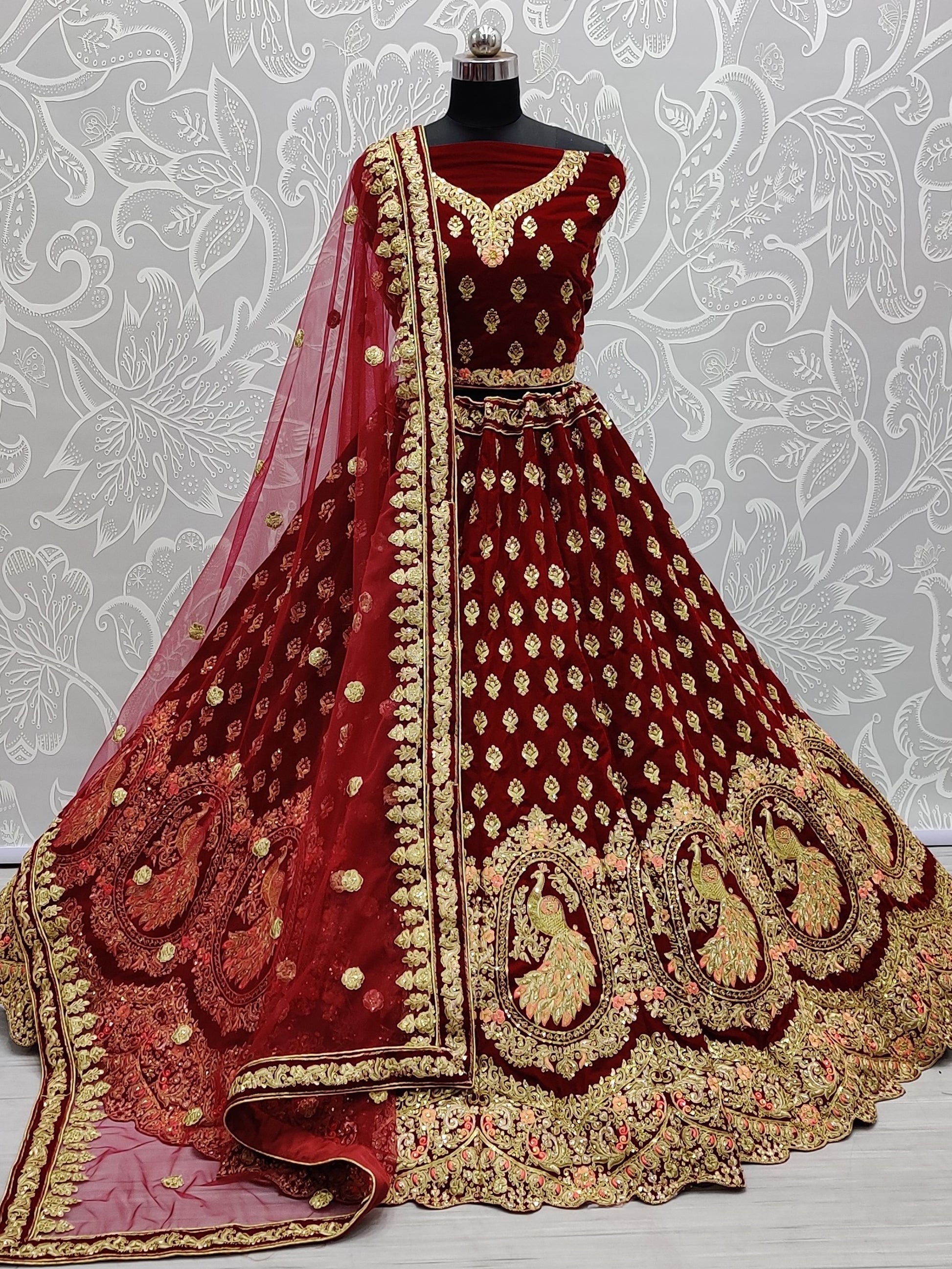 Dazzling Maroon Thread Embroidered Silk Bridal Lehenga Choli With Dupatta
