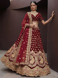Dazzling Maroon Thread Embroidered Silk Bridal Lehenga Choli With Dupatta