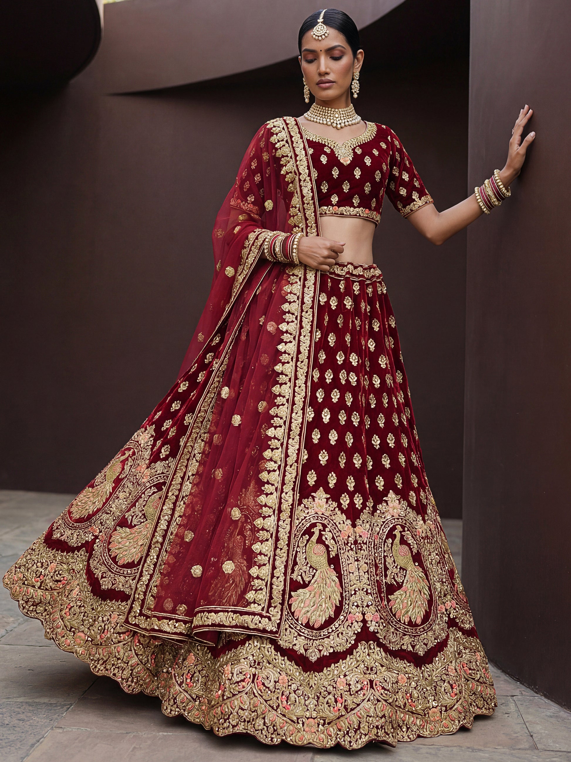 Dazzling Maroon Thread Embroidered Silk Bridal Lehenga Choli With Dupatta