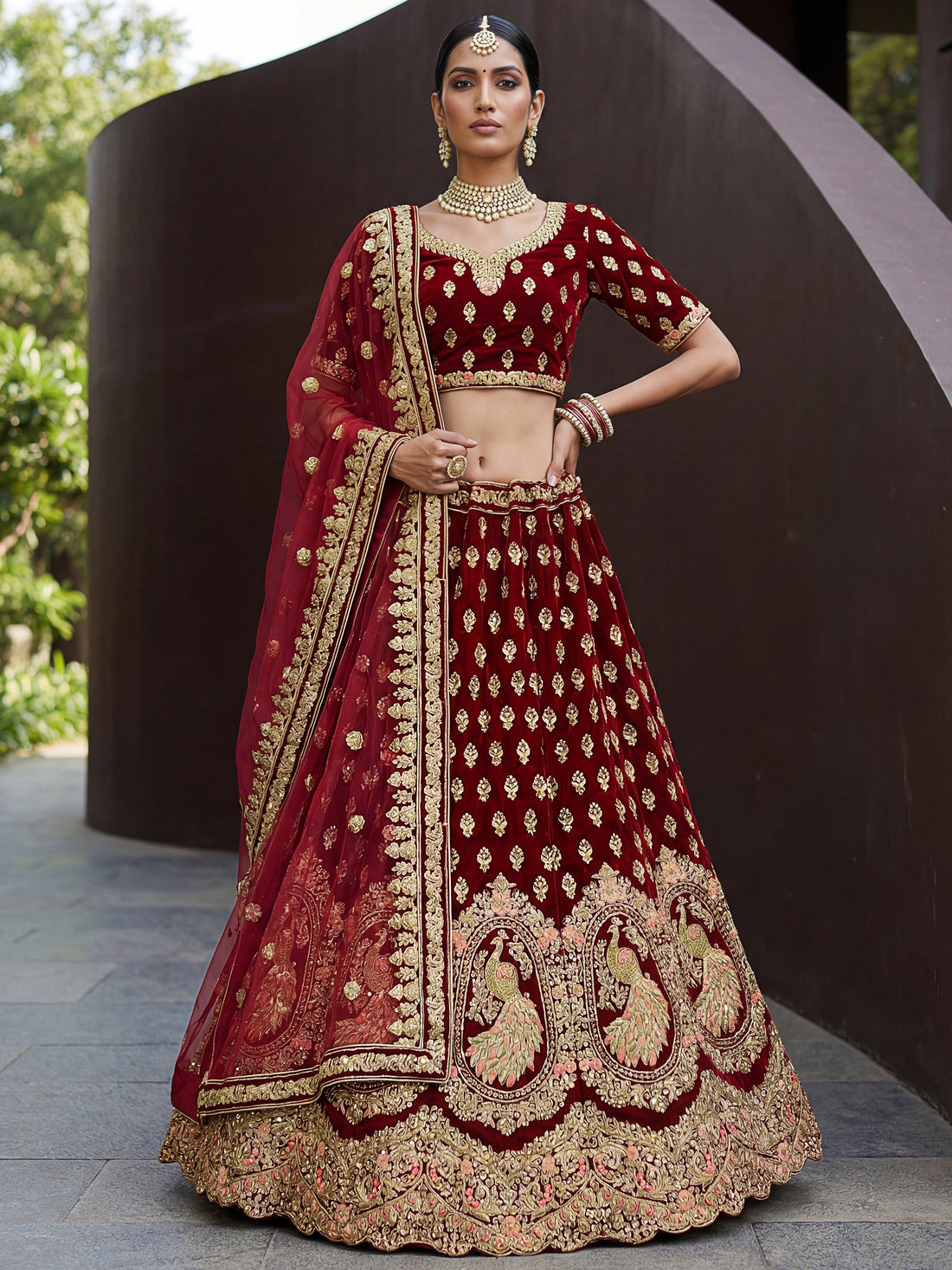 Dazzling Maroon Thread Embroidered Silk Bridal Lehenga Choli With Dupatta