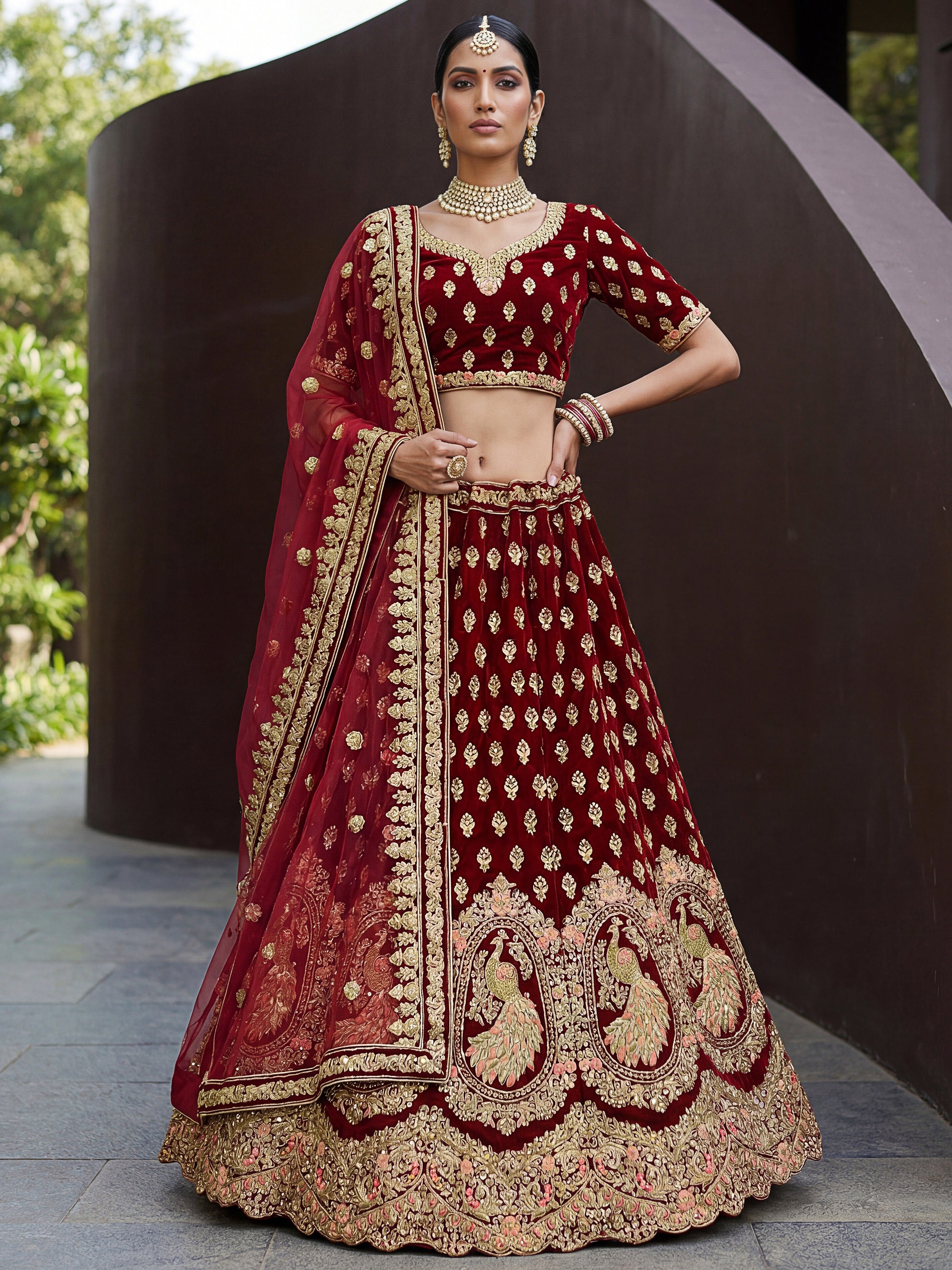 Dazzling Maroon Thread Embroidered Silk Bridal Lehenga Choli With Dupatta