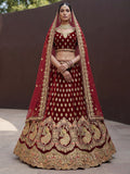Dazzling Maroon Thread Embroidered Silk Bridal Lehenga Choli With Dupatta