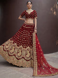 Dazzling Maroon Thread Embroidered Silk Bridal Lehenga Choli With Dupatta