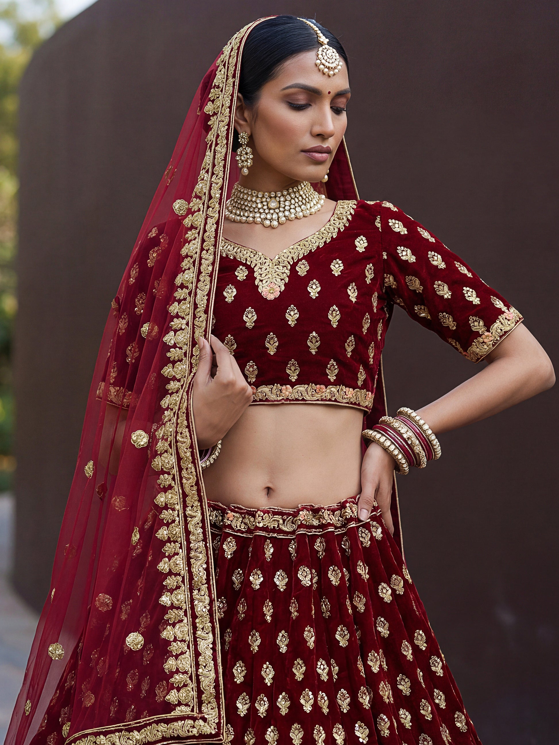 Dazzling Maroon Thread Embroidered Silk Bridal Lehenga Choli With Dupatta