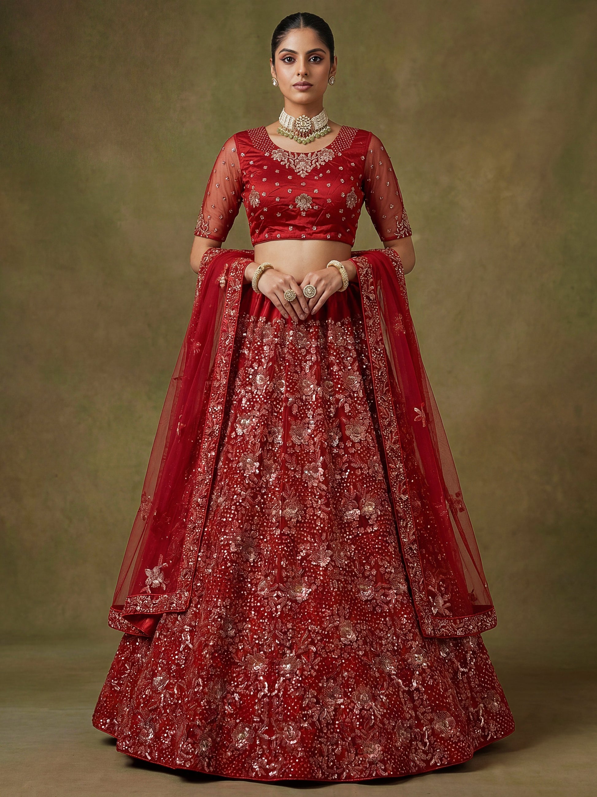 Luxurious Red Sequins Net Bridal Lehenga Choli With Dupatta