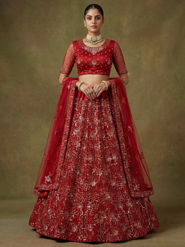 Luxurious Red Sequins Net Bridal Lehenga Choli With Dupatta