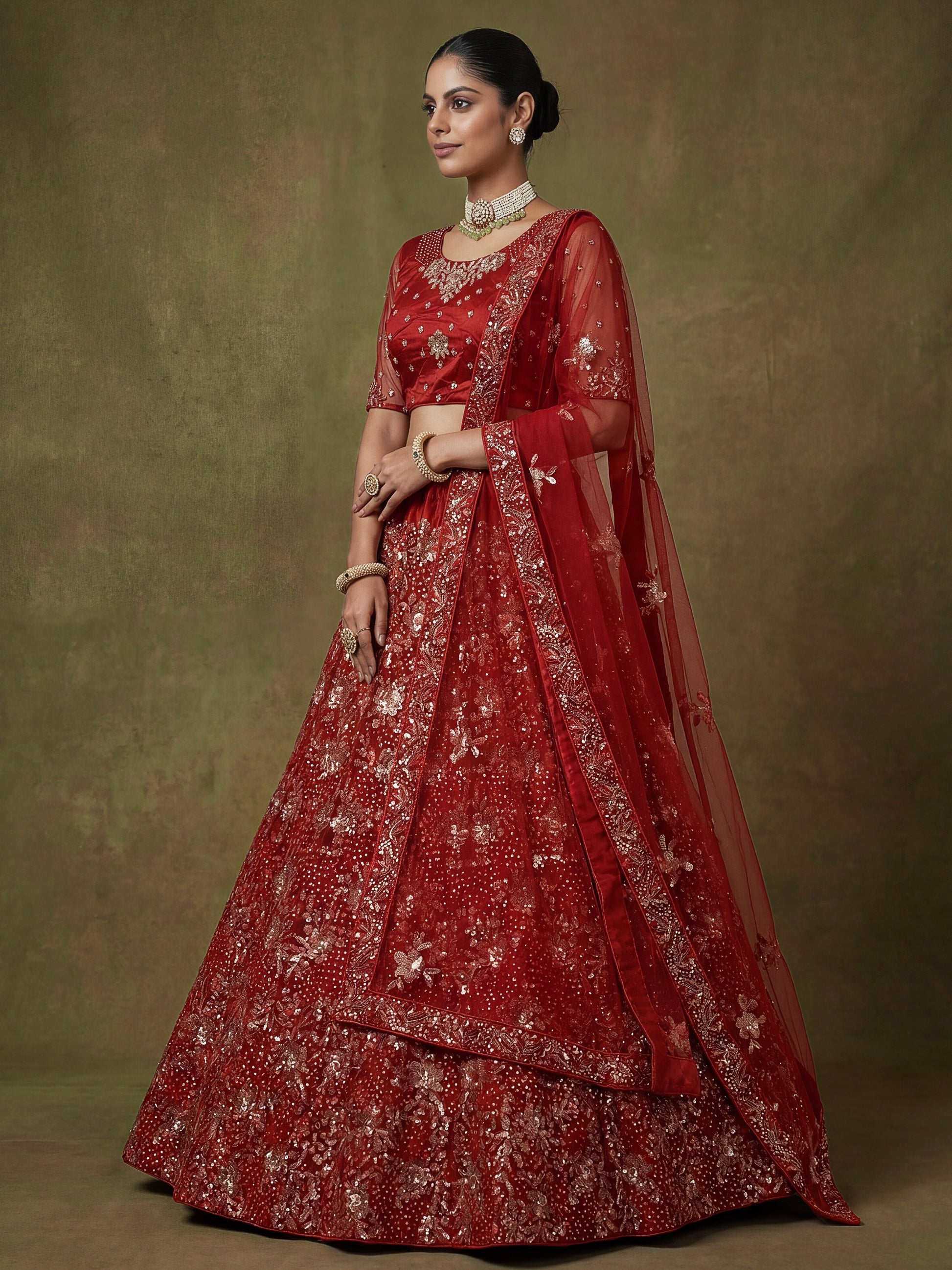 Luxurious Red Sequins Net Bridal Lehenga Choli With Dupatta
