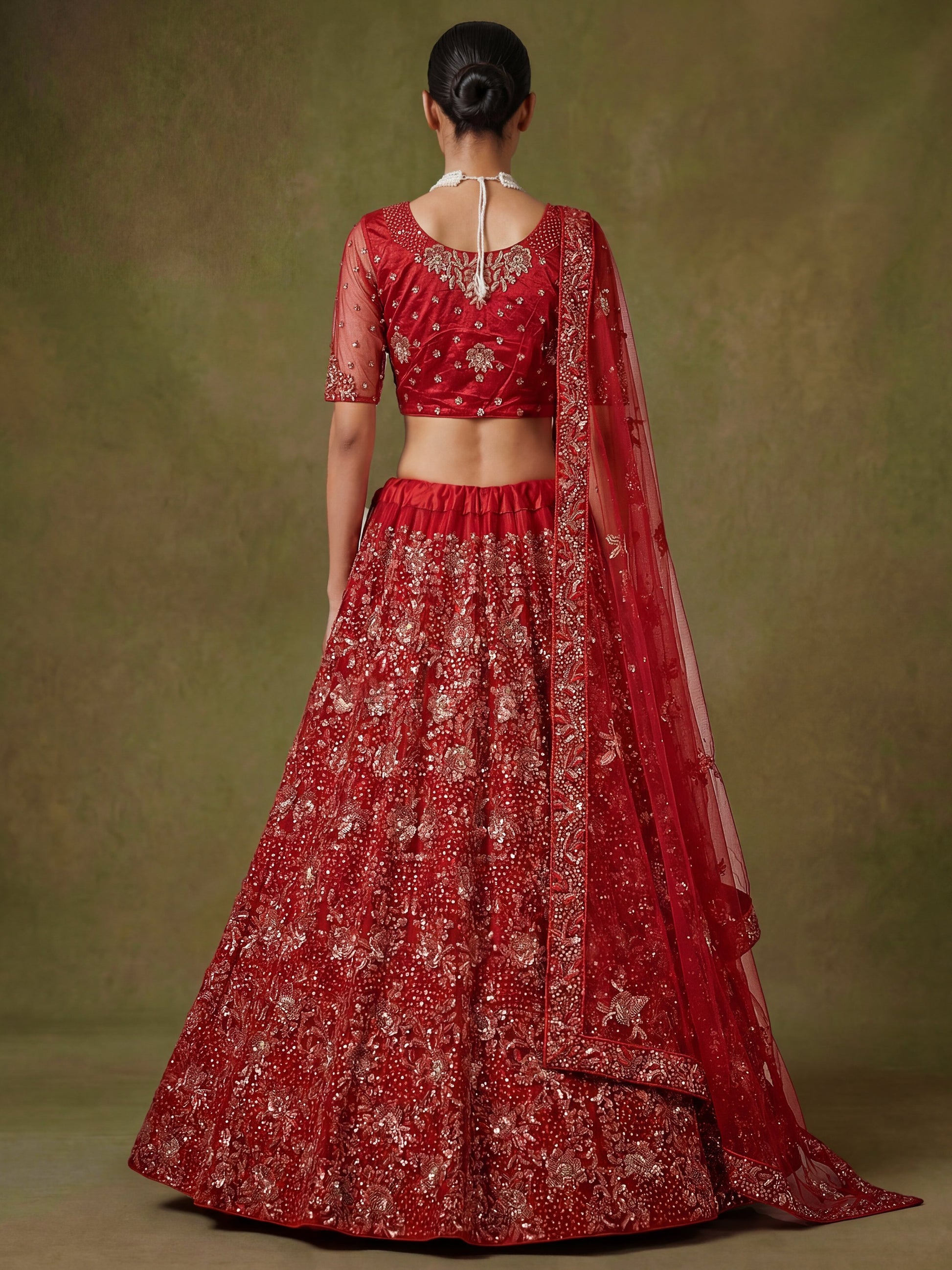Luxurious Red Sequins Net Bridal Lehenga Choli With Dupatta