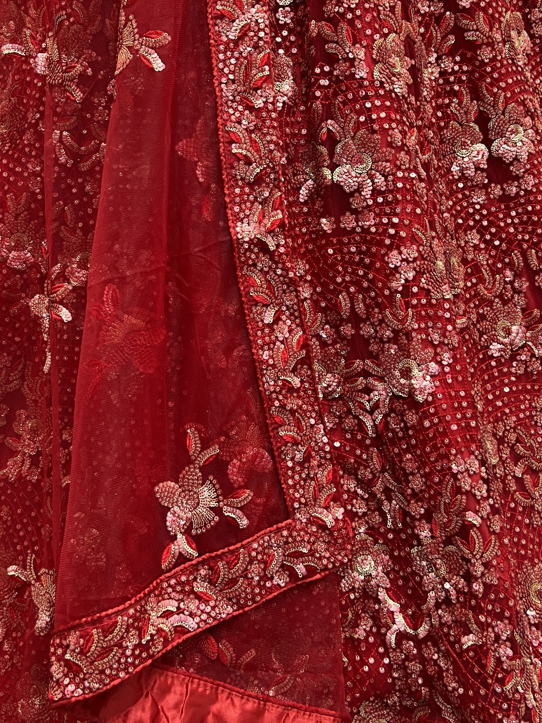 Luxurious Red Sequins Net Bridal Lehenga Choli With Dupatta