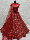 Luxurious Red Sequins Net Bridal Lehenga Choli With Dupatta