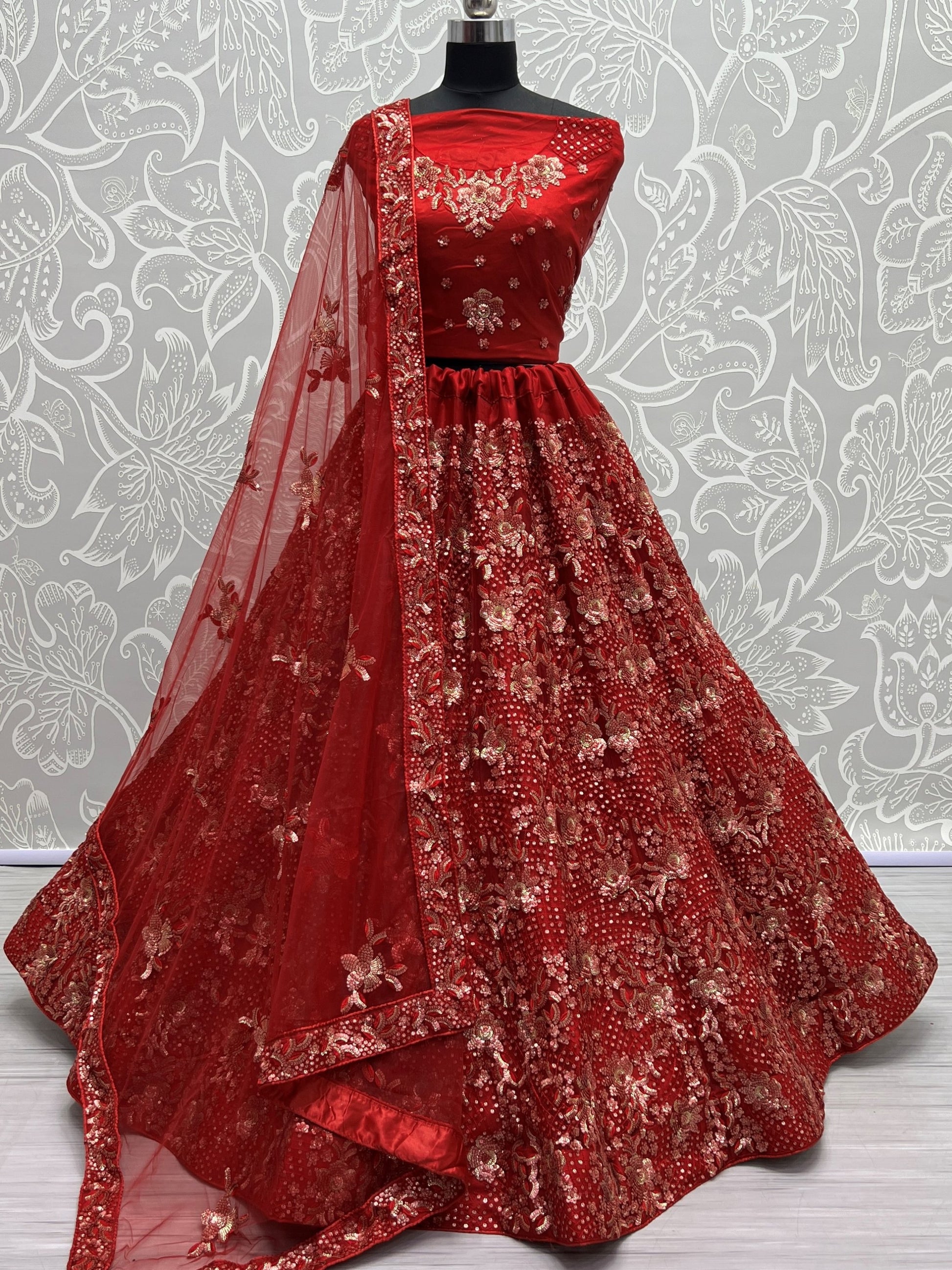 Luxurious Red Sequins Net Bridal Lehenga Choli With Dupatta