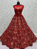 Luxurious Red Sequins Net Bridal Lehenga Choli With Dupatta