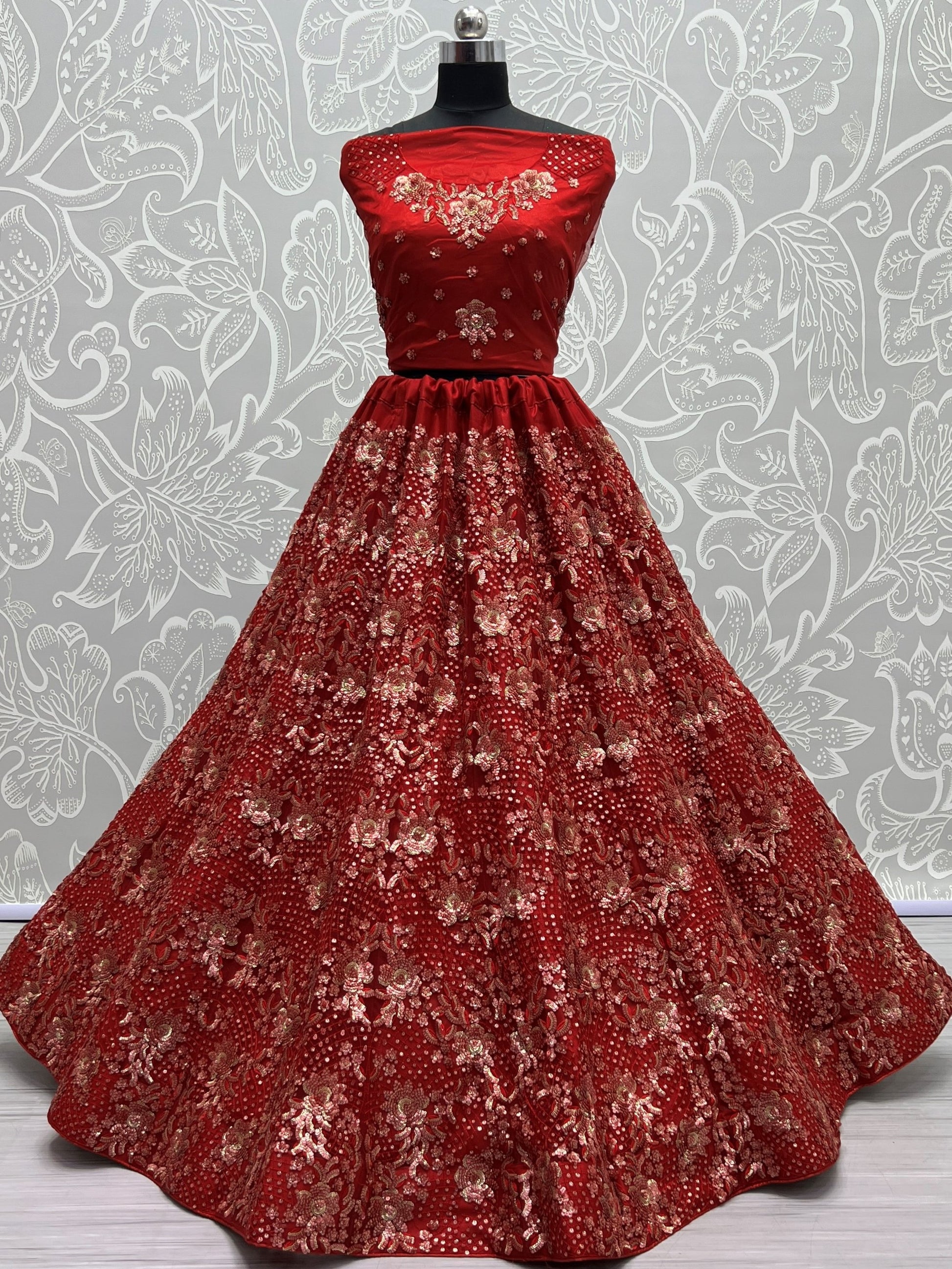 Luxurious Red Sequins Net Bridal Lehenga Choli With Dupatta