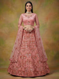 Lavishing Peach Floral Embroidery Net Bridesmaid Lehenga Choli With Dupatta