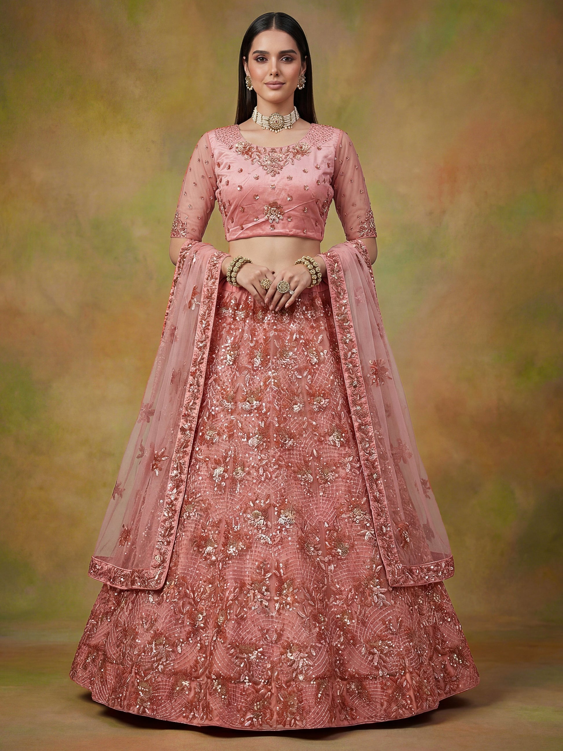Lavishing Peach Floral Embroidery Net Bridesmaid Lehenga Choli With Dupatta