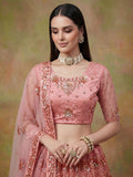 Lavishing Peach Floral Embroidery Net Bridesmaid Lehenga Choli With Dupatta