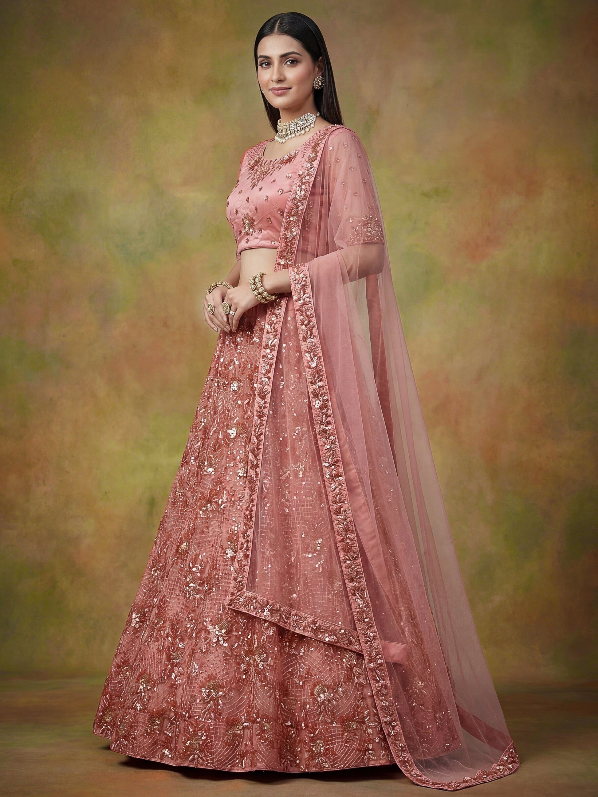 Lavishing Peach Floral Embroidery Net Bridesmaid Lehenga Choli With Dupatta