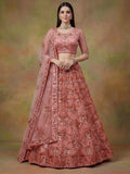Lavishing Peach Floral Embroidery Net Bridesmaid Lehenga Choli With Dupatta
