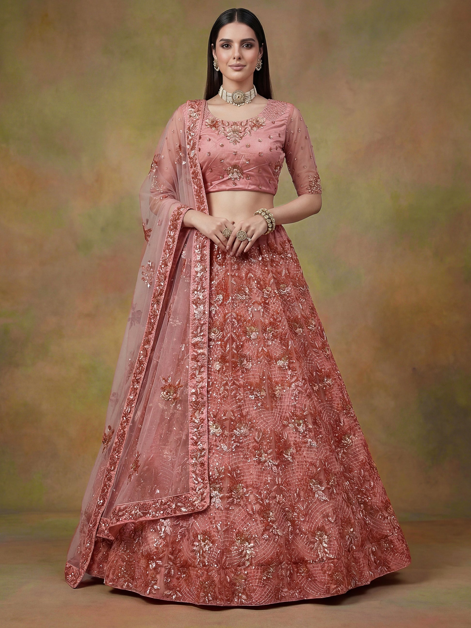 Lavishing Peach Floral Embroidery Net Bridesmaid Lehenga Choli With Dupatta