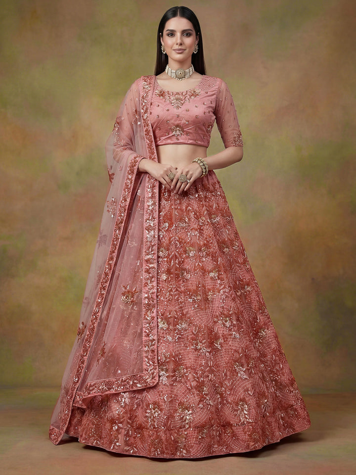 Lavishing Peach Floral Embroidery Net Bridesmaid Lehenga Choli With Dupatta