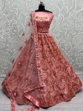Lavishing Peach Floral Embroidery Net Bridesmaid Lehenga Choli With Dupatta