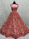 Lavishing Peach Floral Embroidery Net Bridesmaid Lehenga Choli With Dupatta
