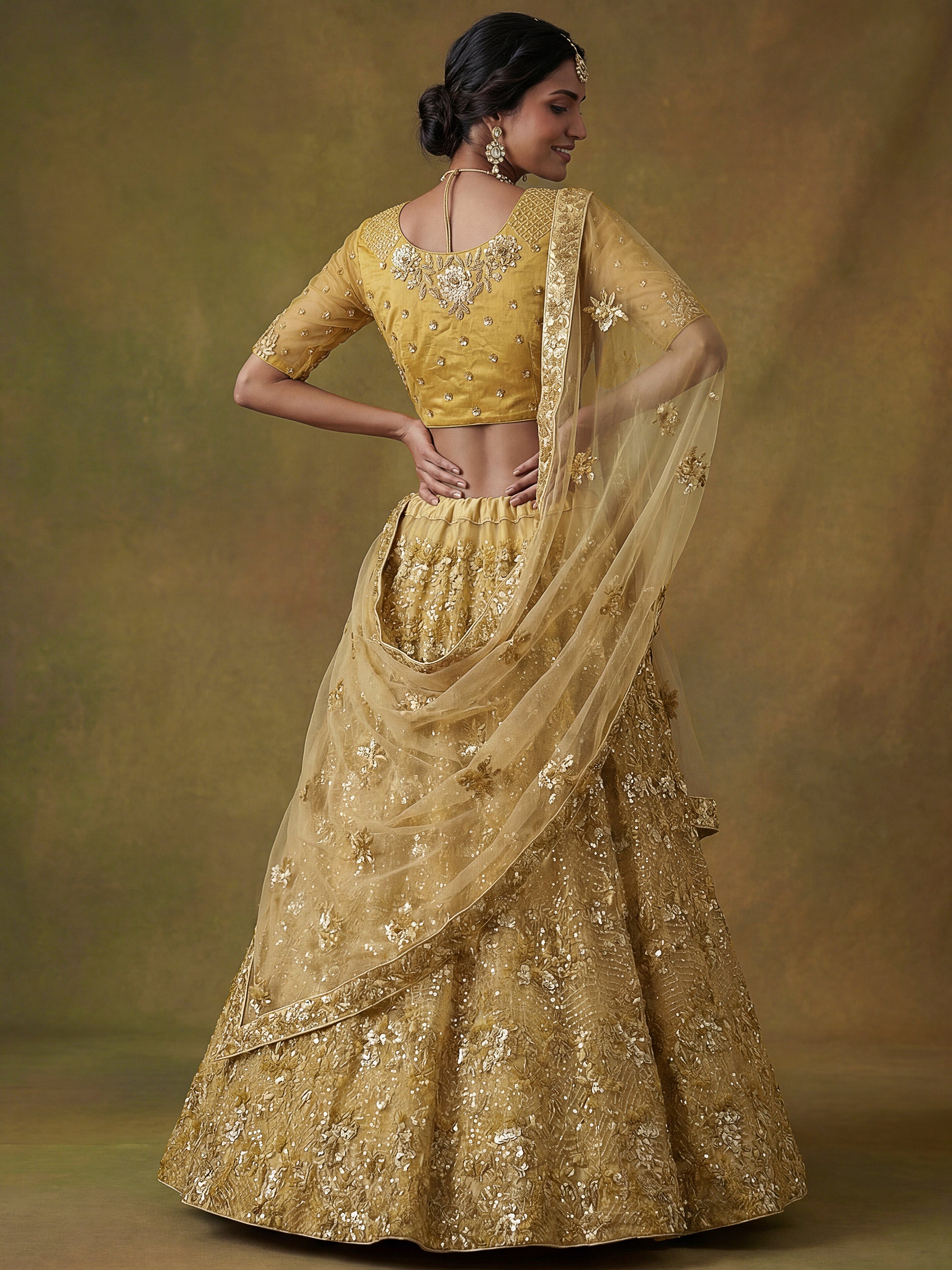 Beautiful Yellow Sequins Net Bridesmaid Lehenga Choli With Dupatta
