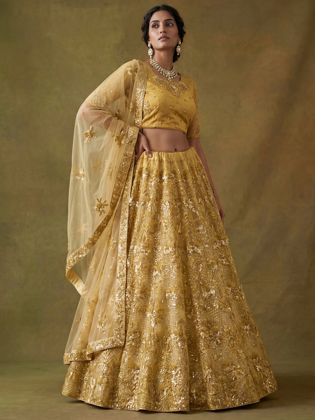Beautiful Yellow Sequins Net Bridesmaid Lehenga Choli With Dupatta