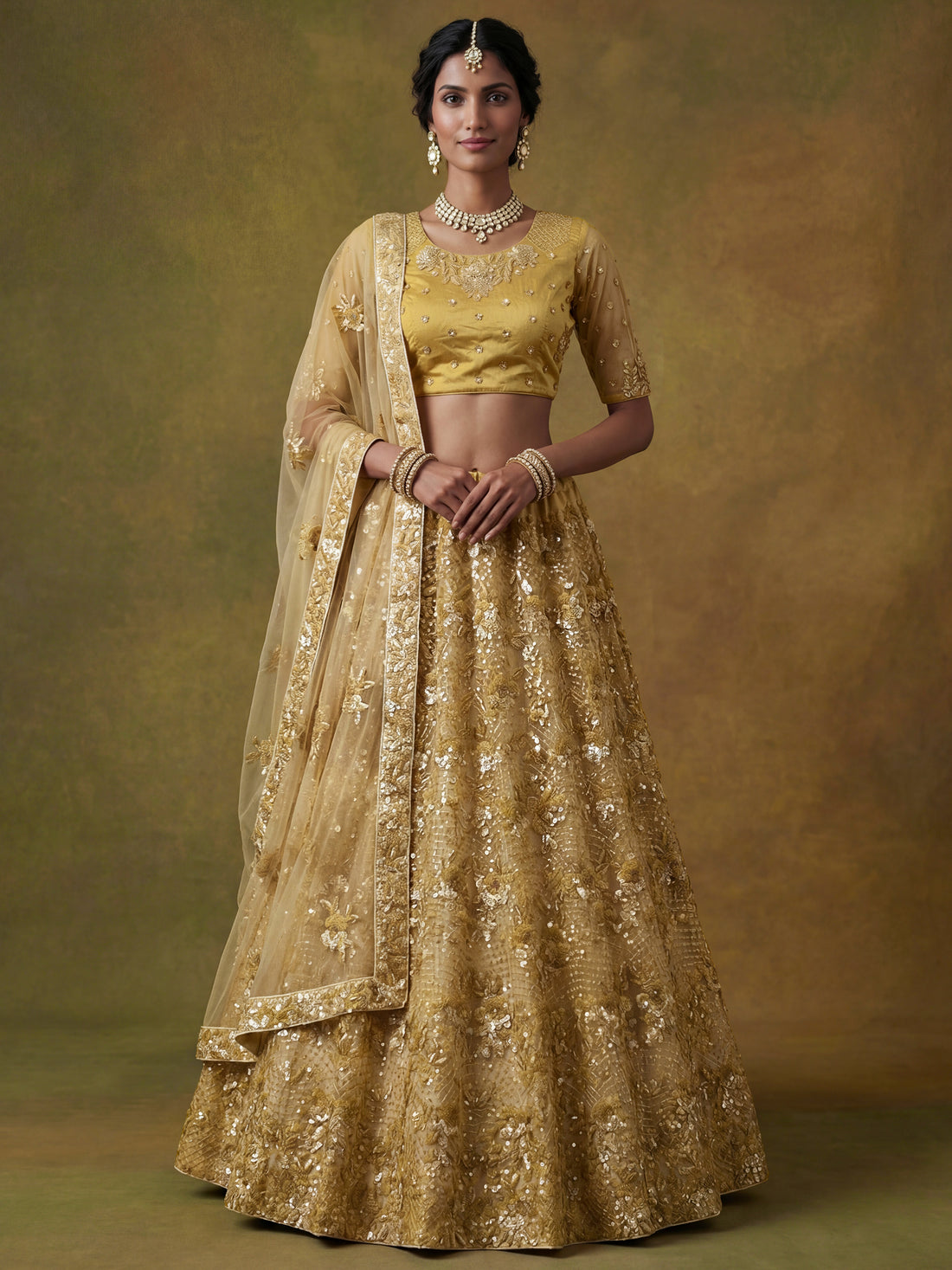 Beautiful Yellow Sequins Net Bridesmaid Lehenga Choli With Dupatta