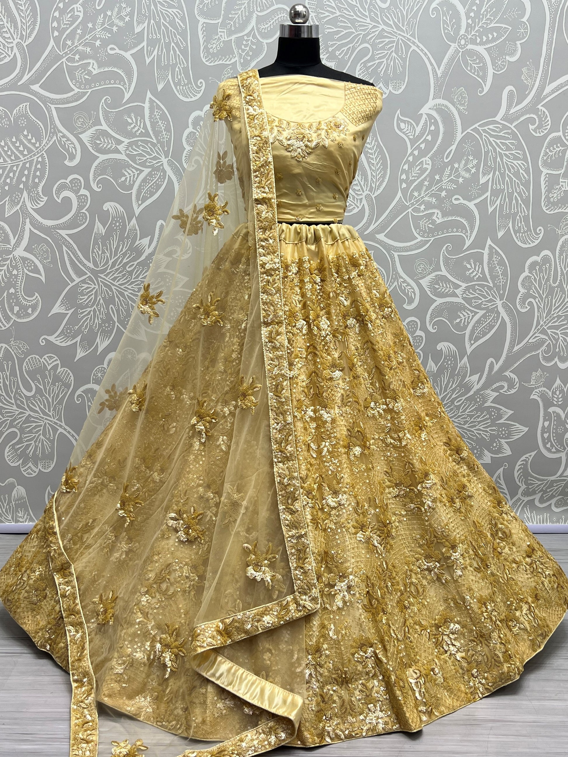 Beautiful Yellow Sequins Net Bridesmaid Lehenga Choli With Dupatta