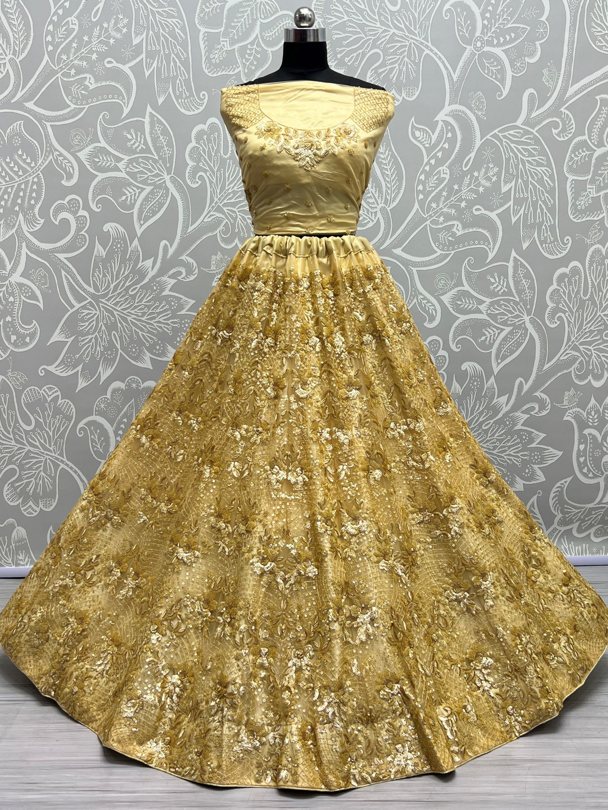 Beautiful Yellow Sequins Net Bridesmaid Lehenga Choli With Dupatta