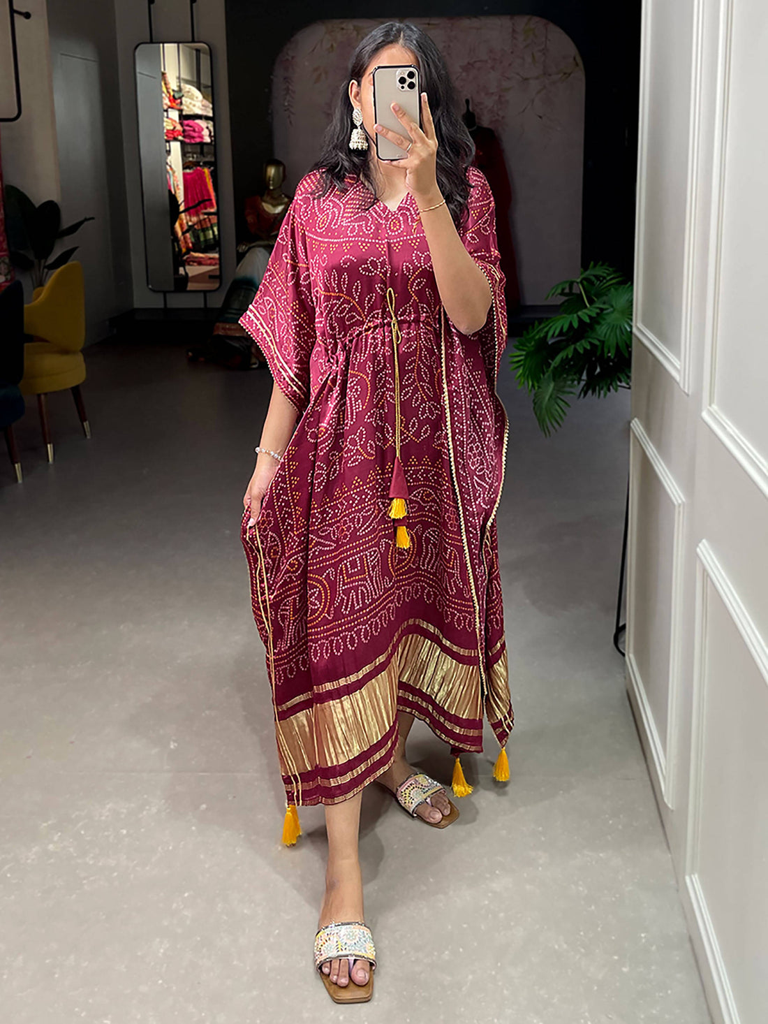 Stunning Maroon Bandhani Print Gaji Silk Event Wear Readymade Kaftan