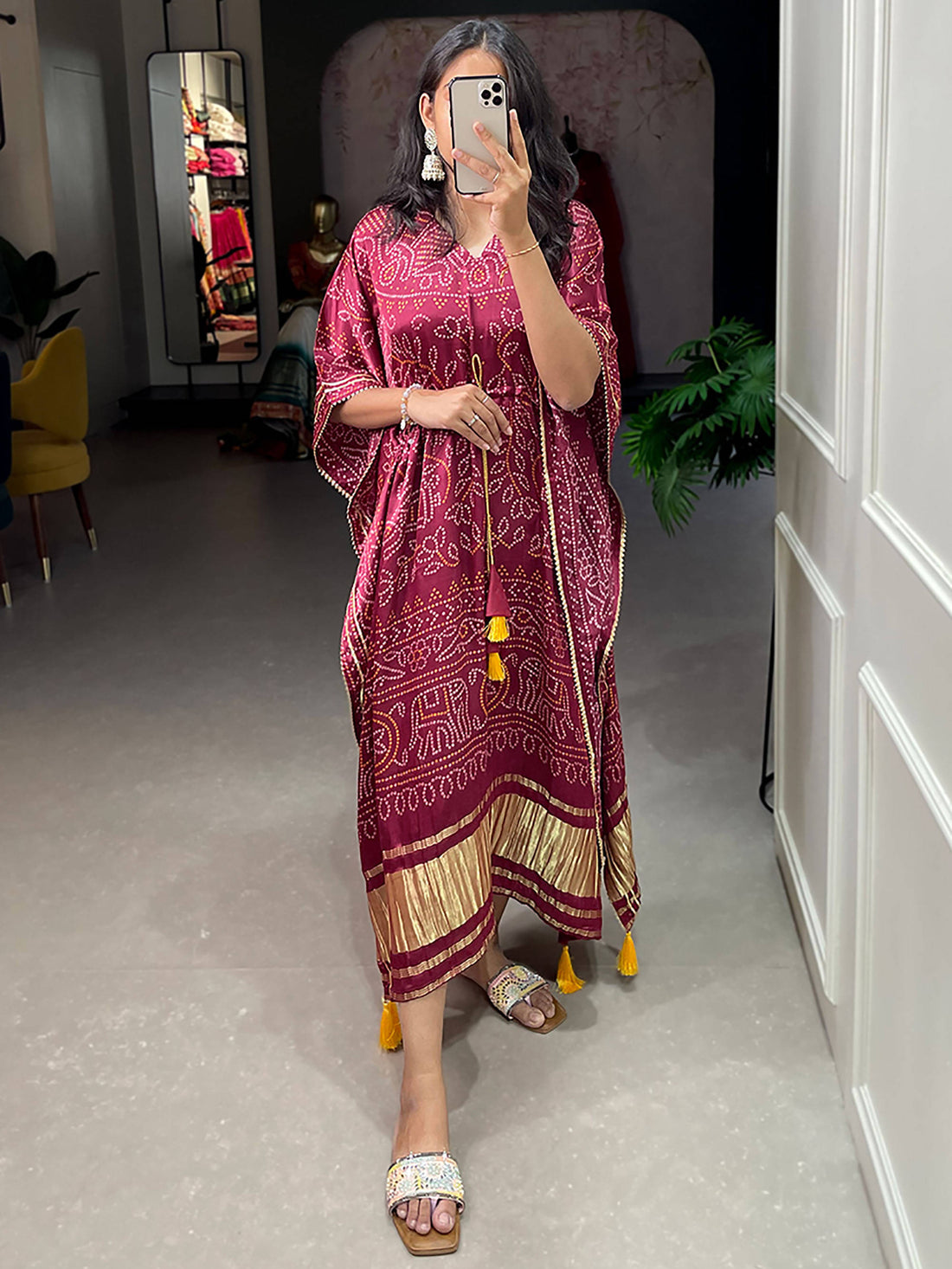 Stunning Maroon Bandhani Print Gaji Silk Event Wear Readymade Kaftan