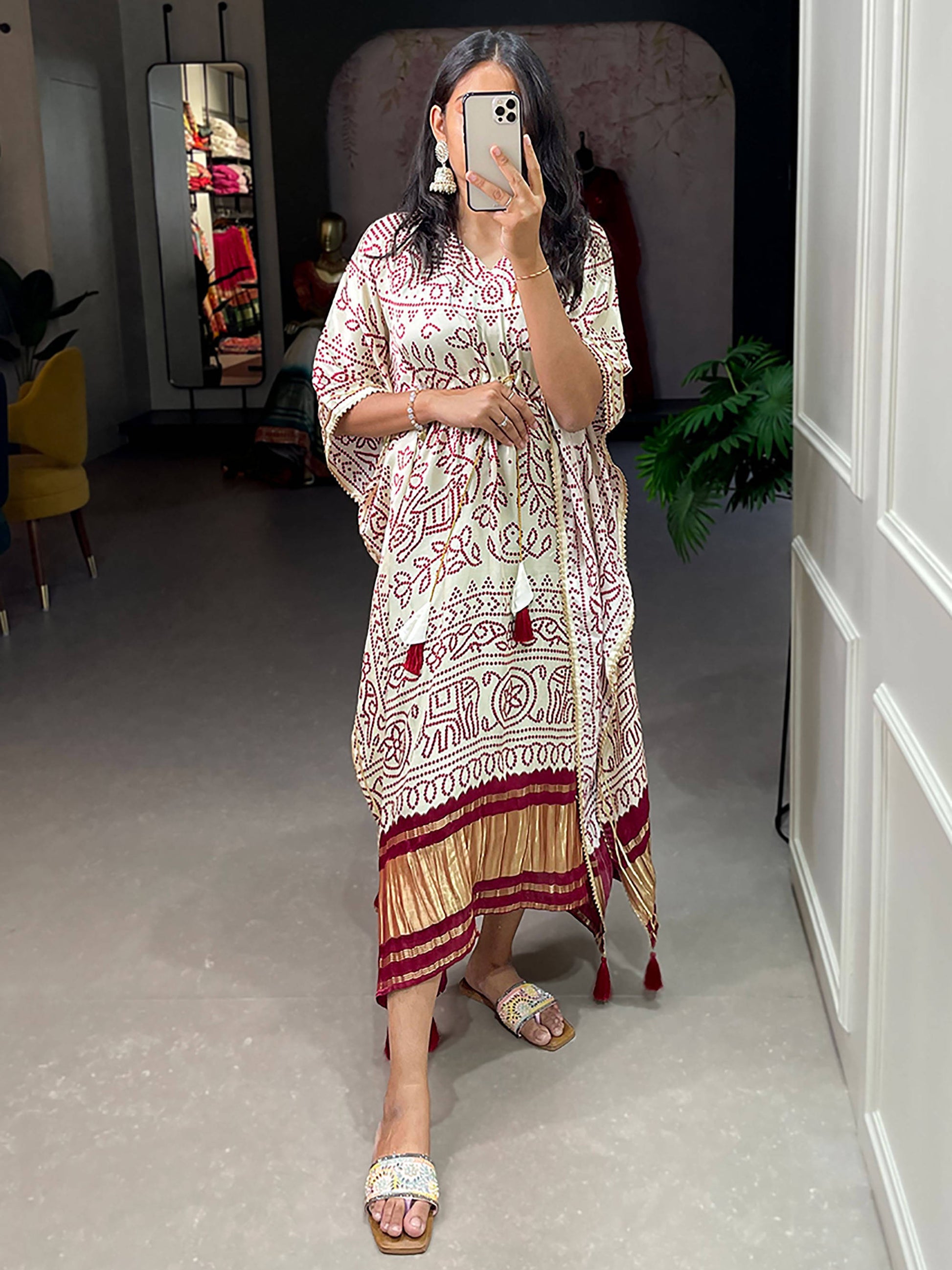Charming White Bandhani Print Gaji Silk Festival Wear Readymade Kaftan