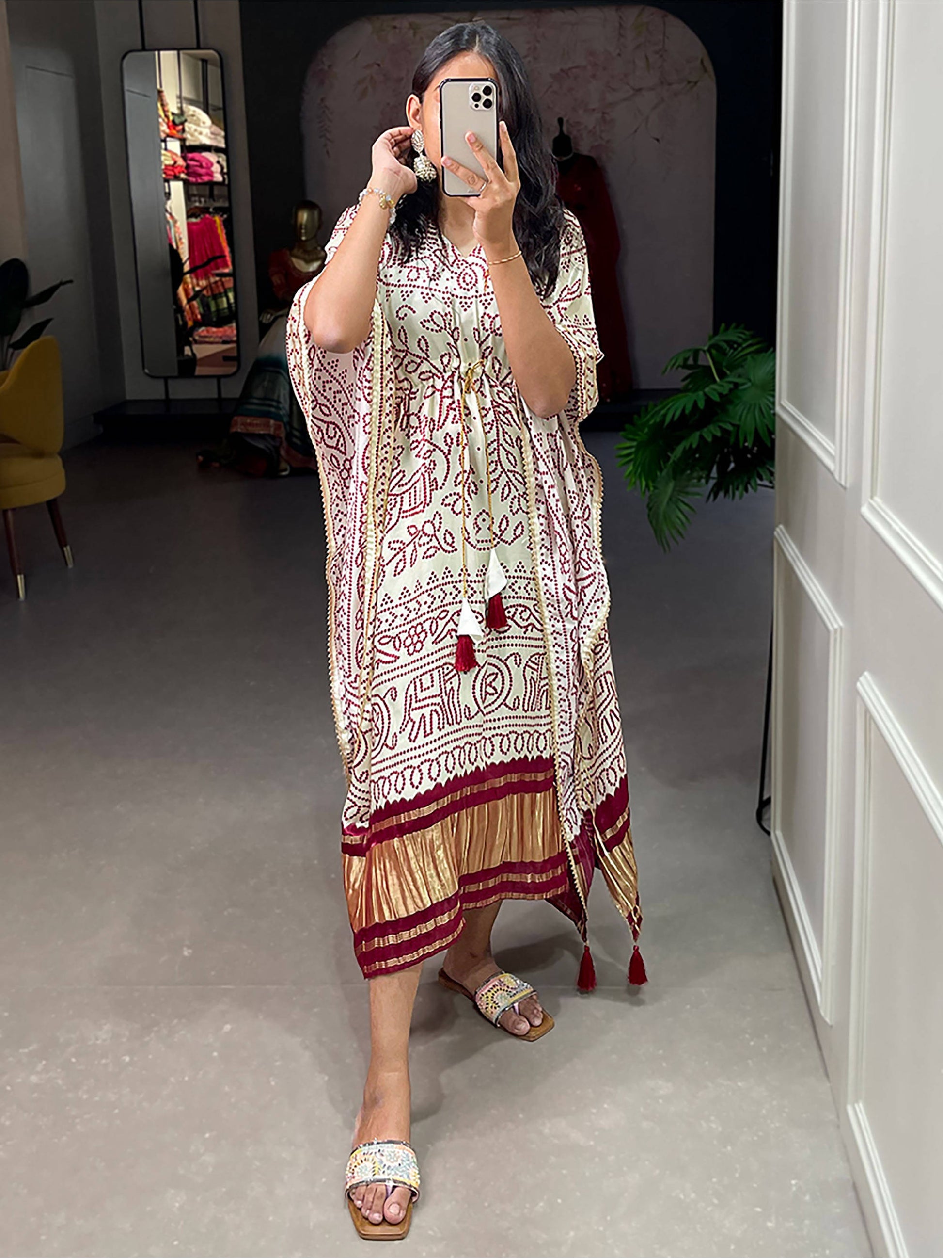 Charming White Bandhani Print Gaji Silk Festival Wear Readymade Kaftan