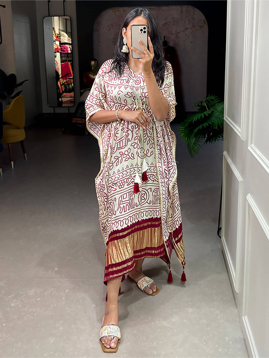 Charming White Bandhani Print Gaji Silk Festival Wear Readymade Kaftan