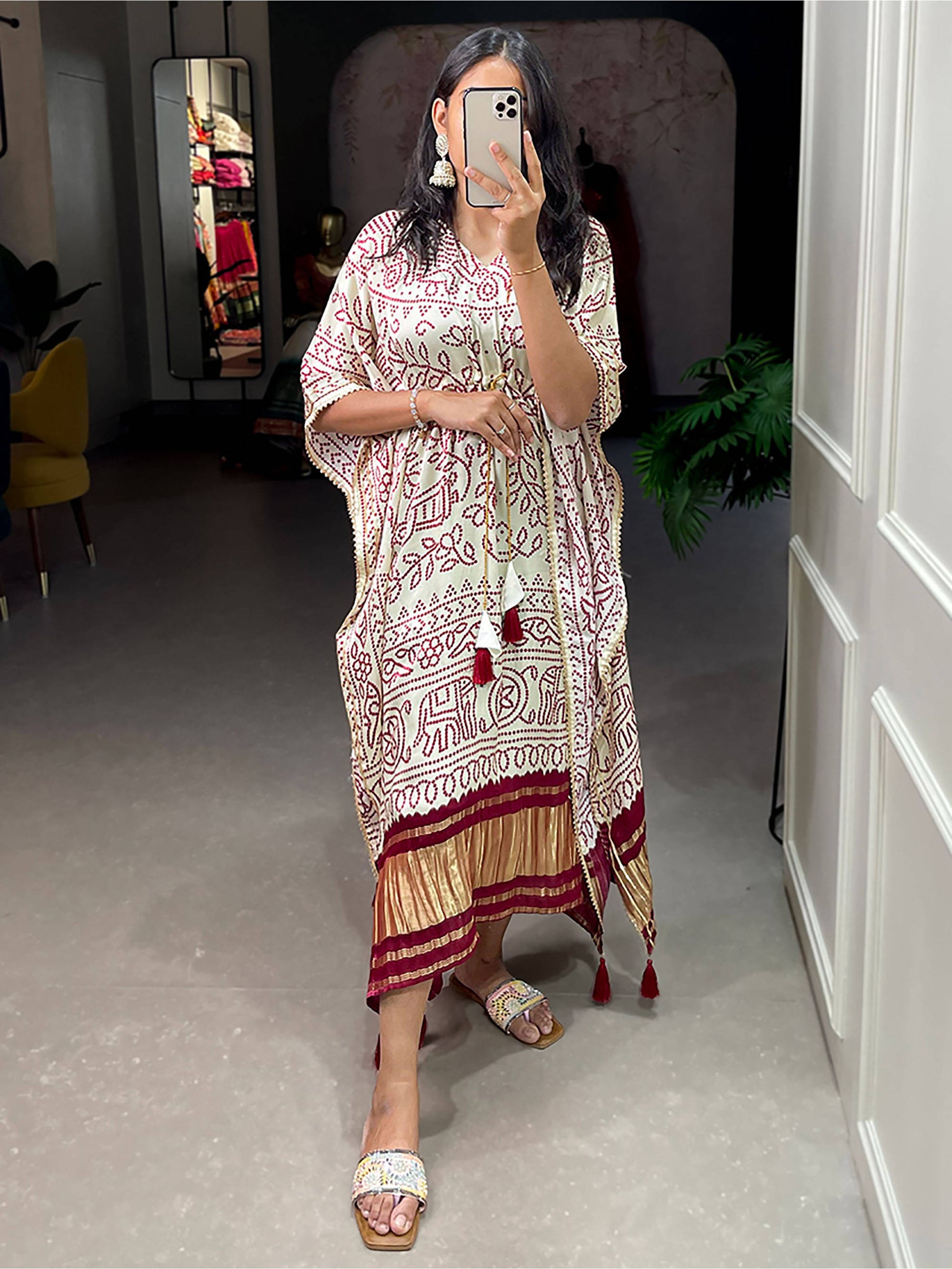 Charming White Bandhani Print Gaji Silk Festival Wear Readymade Kaftan