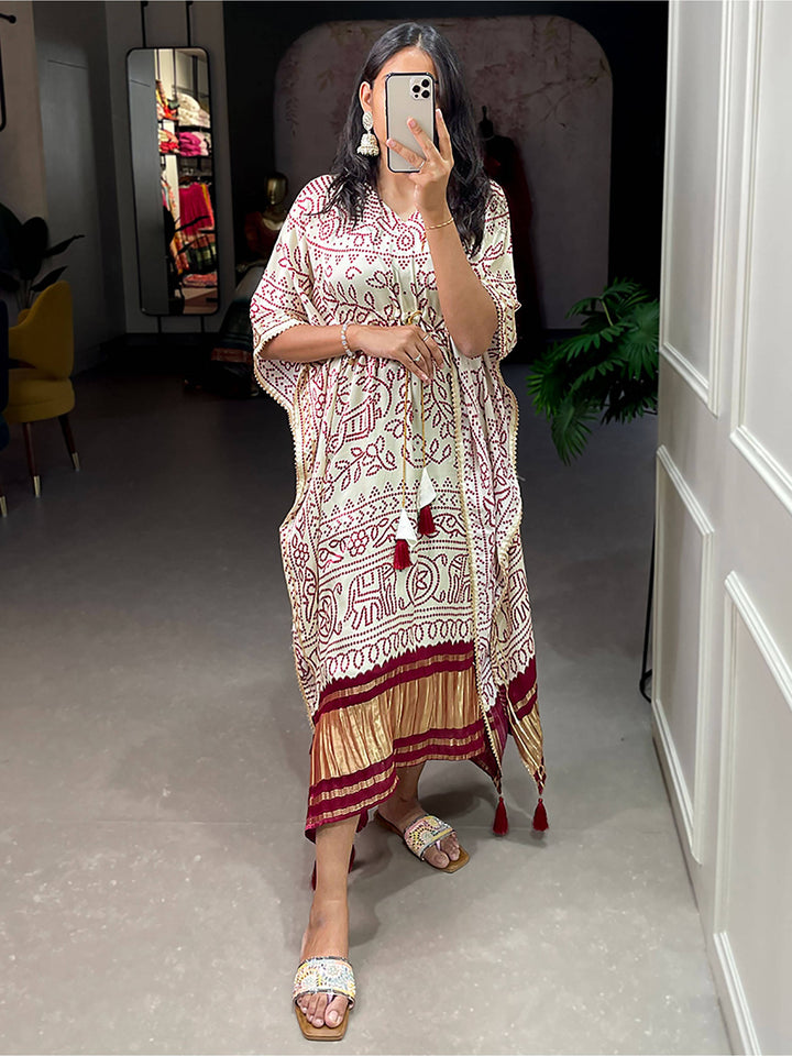 Charming White Bandhani Print Gaji Silk Festival Wear Readymade Kaftan
