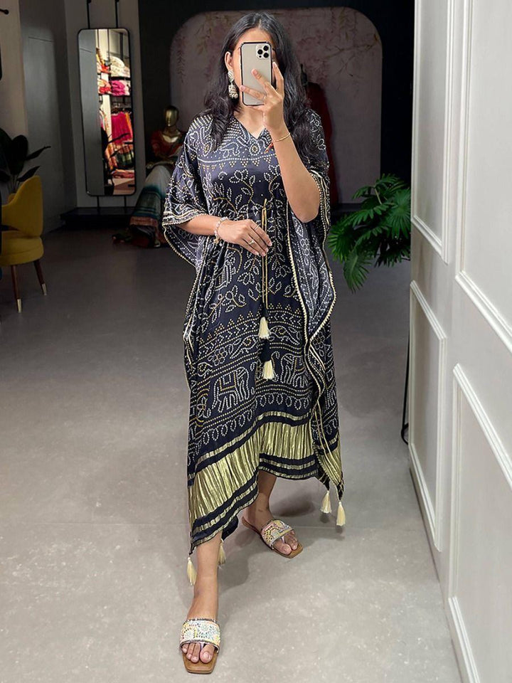 Adorable Black Bandhani Print Gaji Silk Event Wear Readymade Kaftan