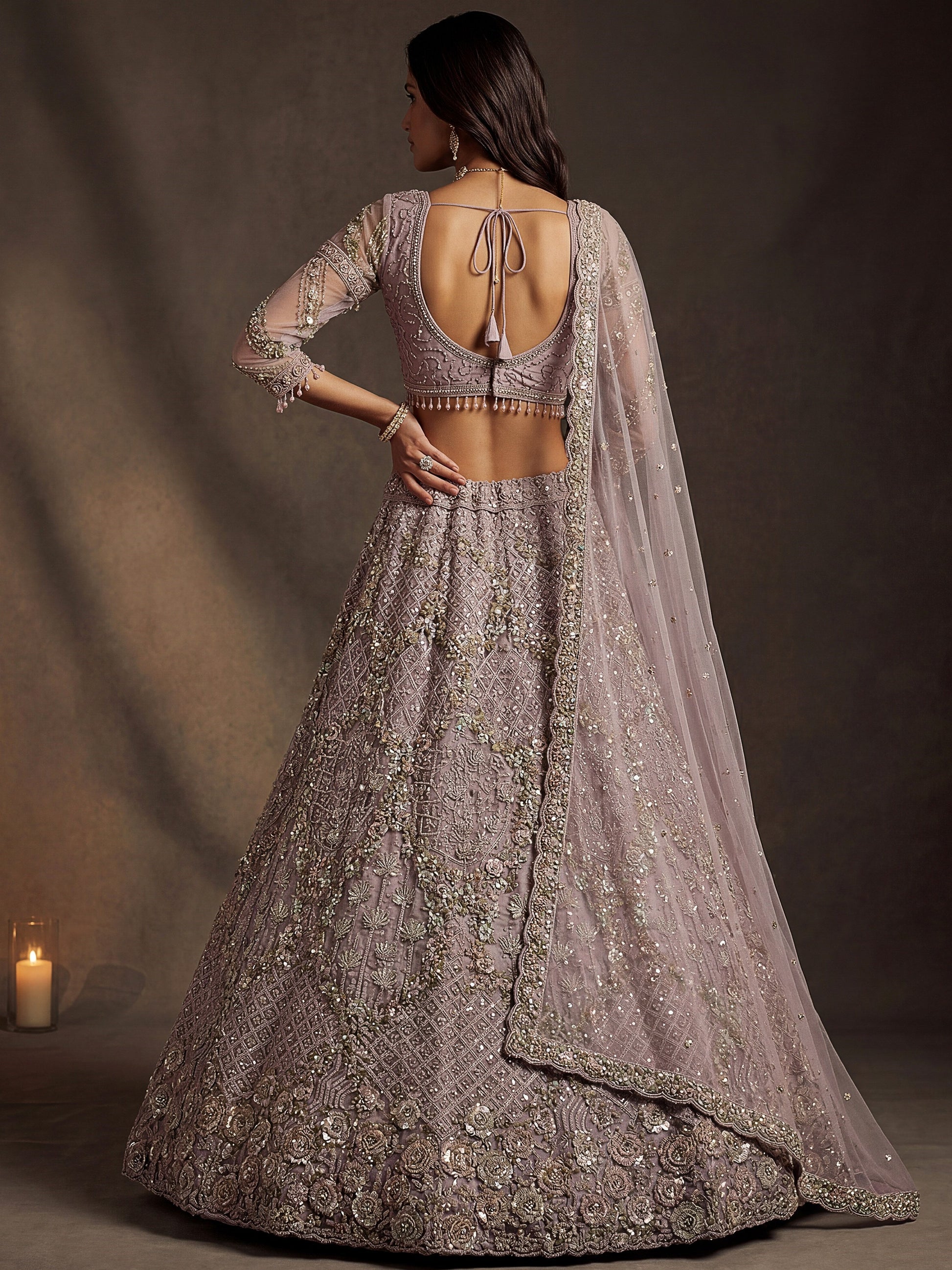 Sparkling Lavender Embroidery Net Wedding Wear Lehenga Choli with Dupatta