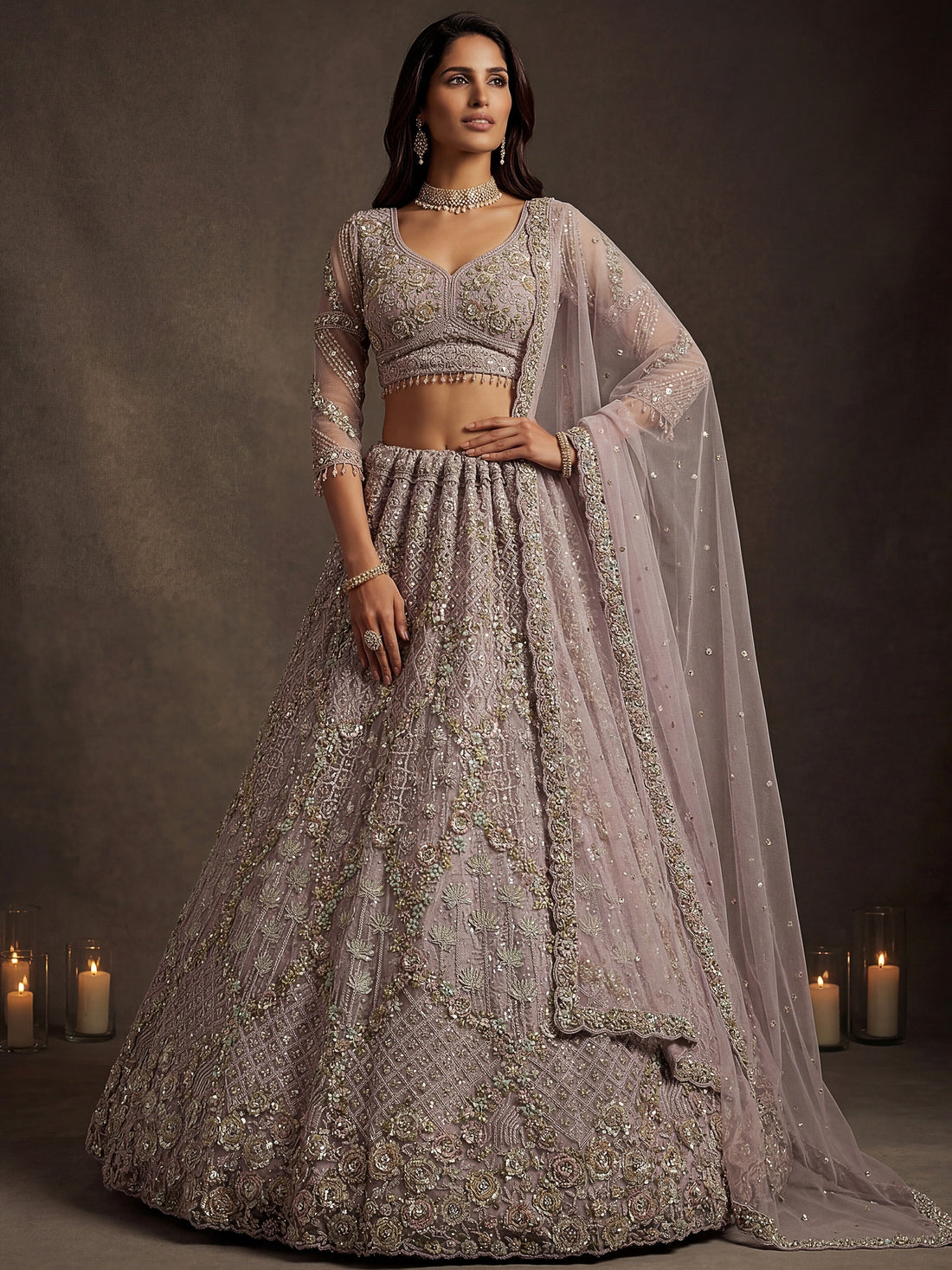 Sparkling Lavender Embroidery Net Wedding Wear Lehenga Choli with Dupatta