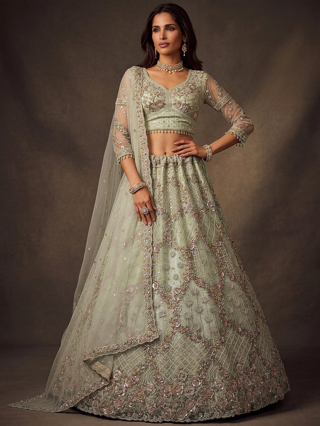 Awesome Mint Green Thread Work Net Wedding Wear Lehenga Choli with Dupatta