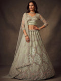 Awesome Mint Green Thread Work Net Wedding Wear Lehenga Choli with Dupatta