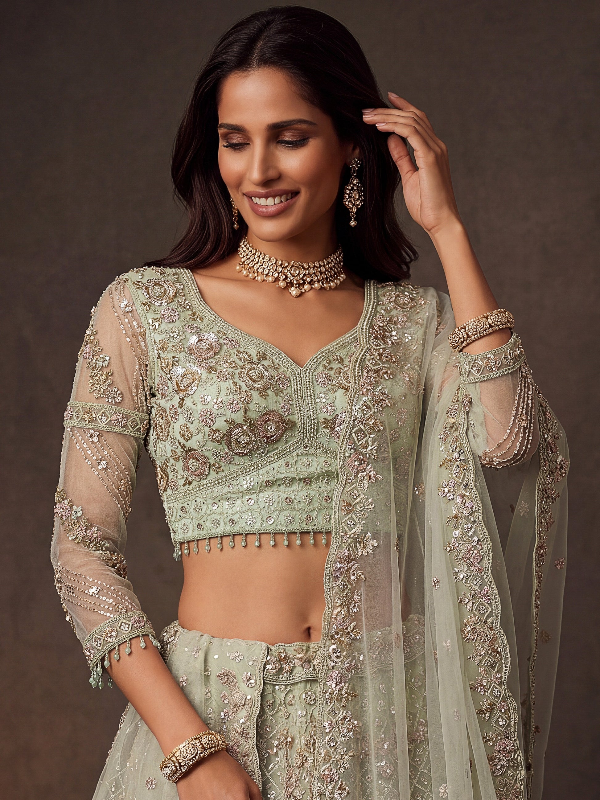 Awesome Mint Green Thread Work Net Wedding Wear Lehenga Choli with Dupatta