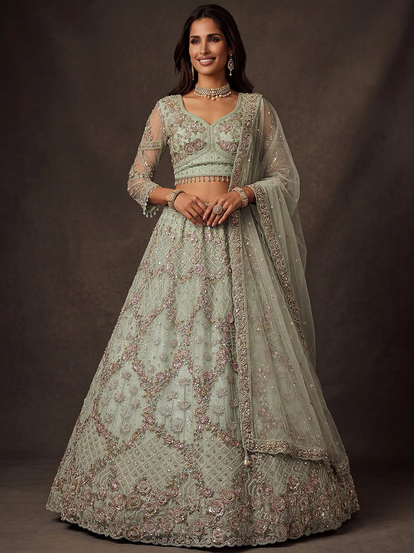 Awesome Mint Green Thread Work Net Wedding Wear Lehenga Choli with Dupatta