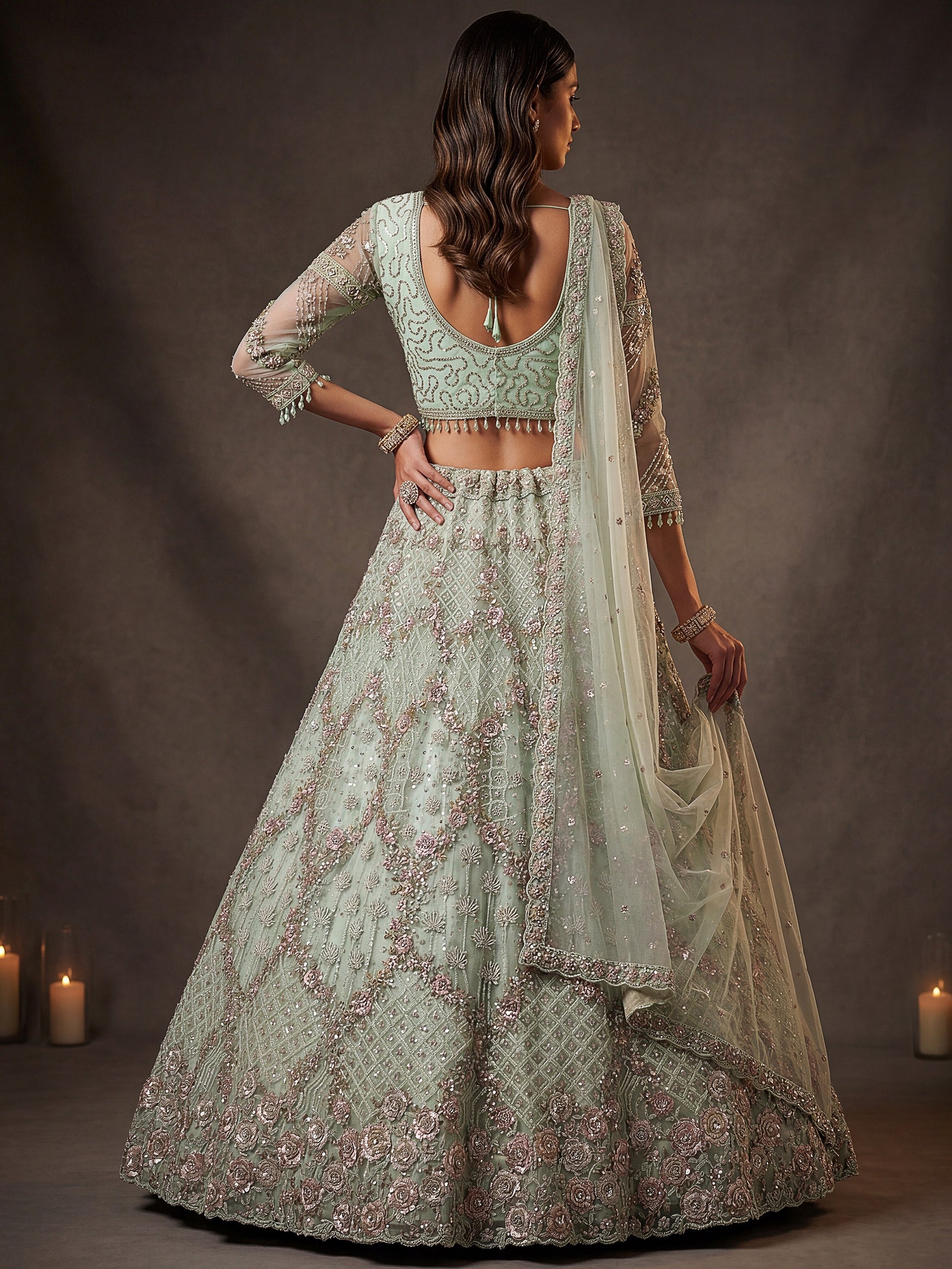 Awesome Mint Green Thread Work Net Wedding Wear Lehenga Choli with Dupatta